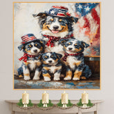 Blue Merle Australian Shepherd Mother and Three Puppies in Patriotic Hats and Scarves with American Flag Background on Ready to Hang 1.5" Thick Canvas Wrap, Floating Framed Canvas, Flat Rolled Canvas